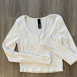 bobi los angeles White Ribbed Long‎ Sleeve V Neck Crop Shirt Top Small
